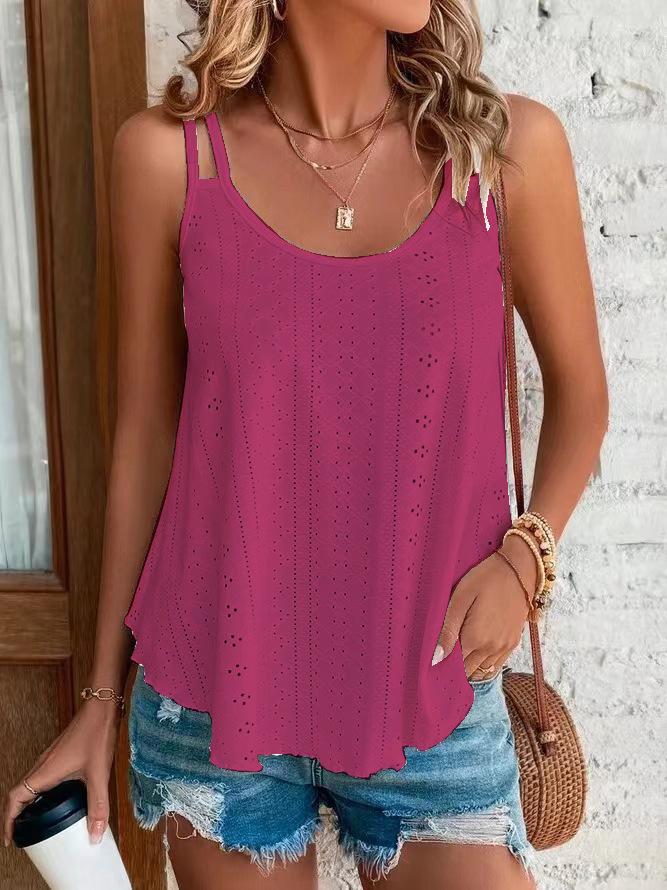 Dames Ronde Hals Mouwloze Tanktop Losse Pasvorm Broderie Jacquard Spaghettibandje Camisole Zomer Laagjes Basic Top