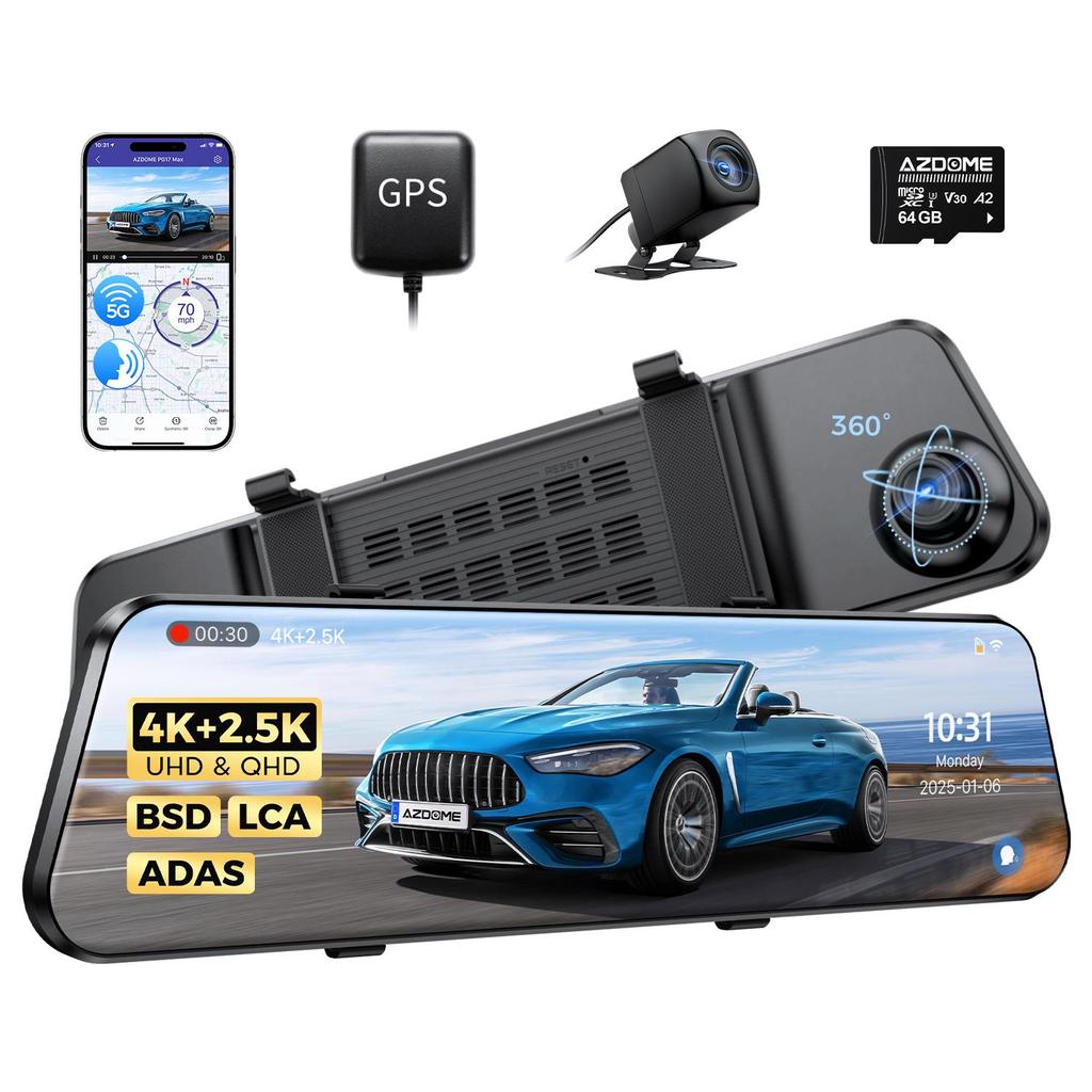 AZDOME PG17 Max 4K+2.5K Mirror Dash Cam with ADAS BSD and LCA 12" Rear View Mirror Camera with 5GHz WiFi Includes 64GB Card