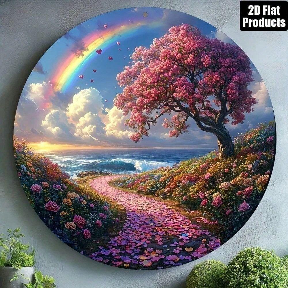 Metal Poster Wall Art Love Road Design Round 8x8 Inch Living Room Decor