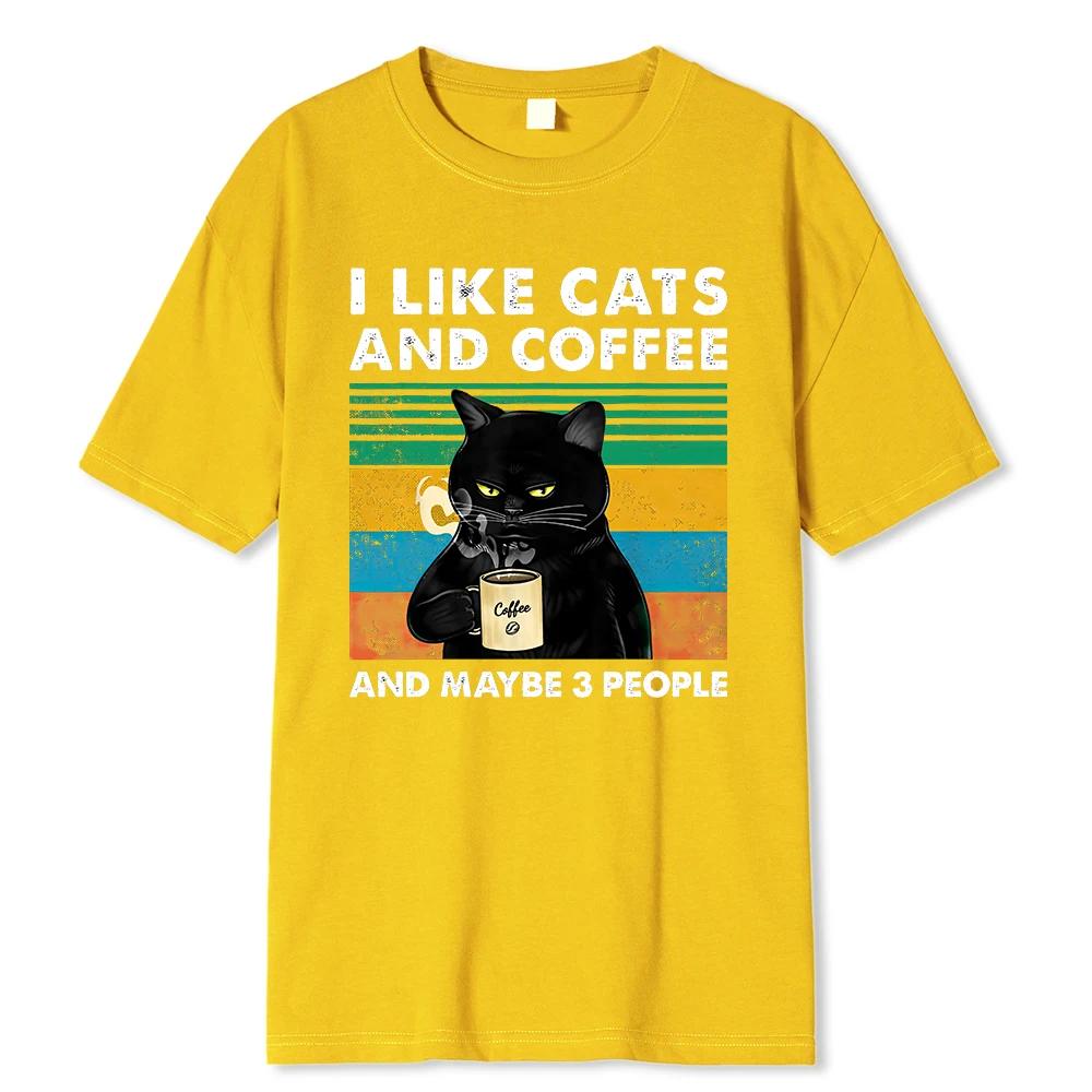 Men's I Like Cats And Coffee pattern printed 100% pure cotton short-sleeved T-shirt casual loose Harajuku top