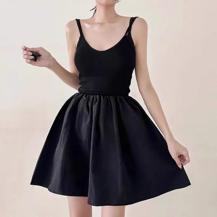 Korean Chic Summer French Temperament V-neck Slim and Thin Pleated Adjustable Suspender Dress Fluffy Skirt Women