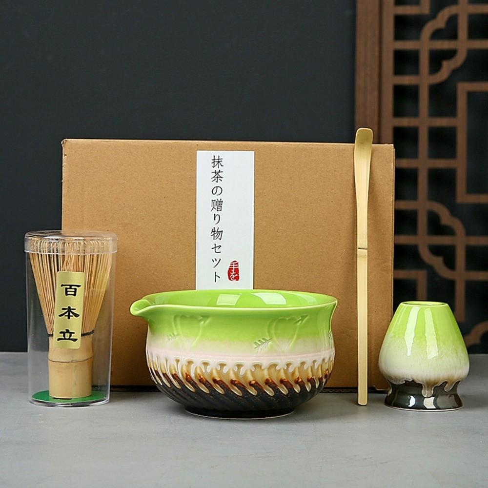 4PCS Ceramic Bamboo Japanese Matcha Tea Set Matcha Bowl Matcha Whisk Holder Matcha Whisk Set Reusable Matcha Making Kit
