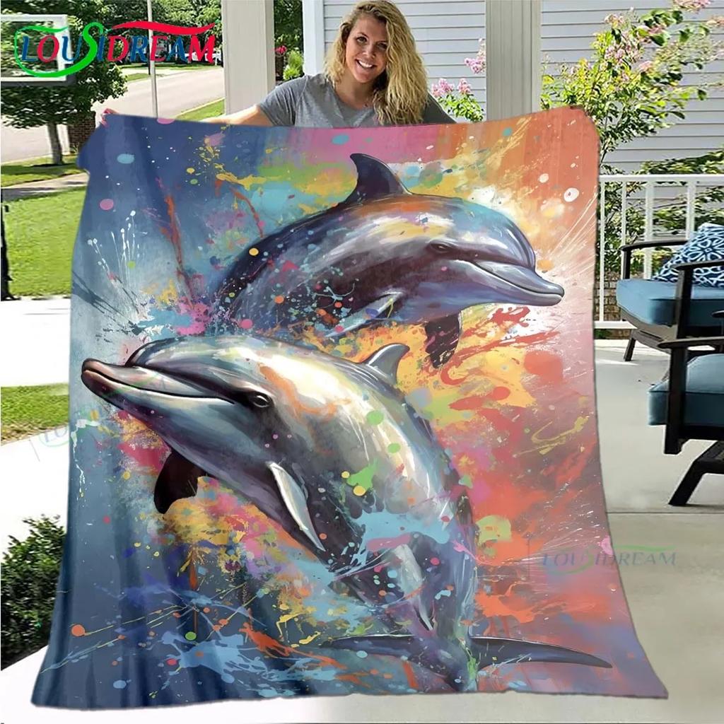 3D Fashion Dolphin Printed Four Seasons Blanket Sofa Cover Travel Bed Plush Blanket Travel Office Break Blanket Birthday Gift