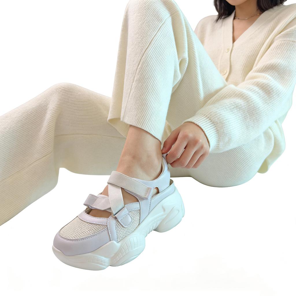 New Arrival Women's White Thick Sole Dad Shoes Genuine Leather Breathable Mesh Cutout Sport Sandals for Fashion and Comfort