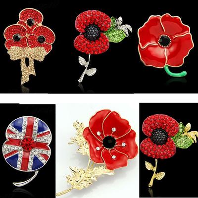 Vintage Crystal Shiny Rhinestone Brooch Red Poppy Flower Brooches Pin For Women Party Jewelry Gifts Clothing Accessories