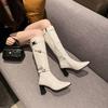 Giant Beauty~ White Coarse Heel Motorcycle Knight Boots Women's British French Belt Buckle Height Increasing Skinny Long Fashion Boots Women