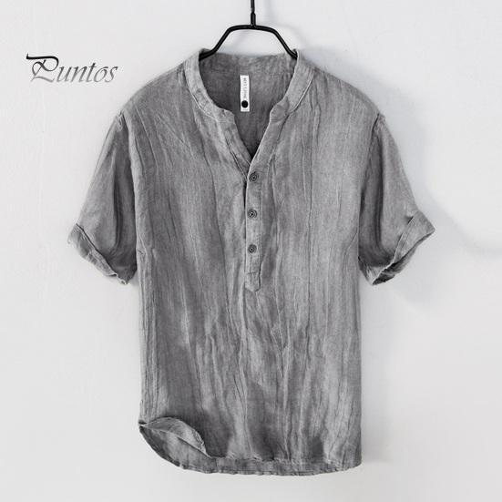 Men Summer Shirt V Neck Stand Collar Short Sleeves Vinatge Solid Color Loose Simple Style Mid Length Pullover Office Daily Wear Top