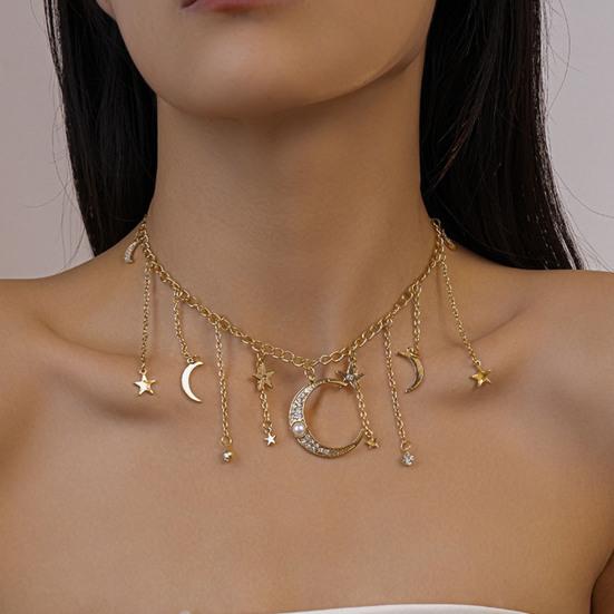 Star Moon Charms Necklace Boho Tassel Chain Choker Rhinestone Crescent Pentagram Fringe Charm Necklace for Women Dates Parties Jewelry