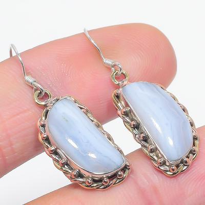 Natural Blue Lace Agate Gemstone 925 Solid Sterling Silver Earring 1.50" J7R75