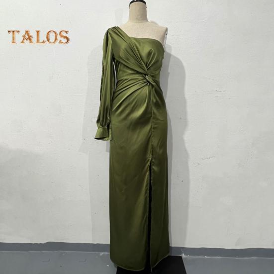Lady Evening Dress One Shoulder Single Open Sleeve Split Hem Solid Color Slim Waist Pleated Knot Decor Solid Color Prom Cocktail Party Maxi Dress