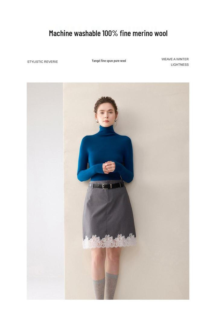 Damen Schlank Geschnitten Hoher Kragen Nahtlos Gestrickter Wollpullover - Langarm Basisschicht für Herbst und Winter