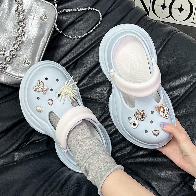 Height-increasing Hole Shoes Women's Summer Wear Non-slip Bear Pearl Flower Bag Head Hole Shoes Two-color Thick-soled Cool Slippers