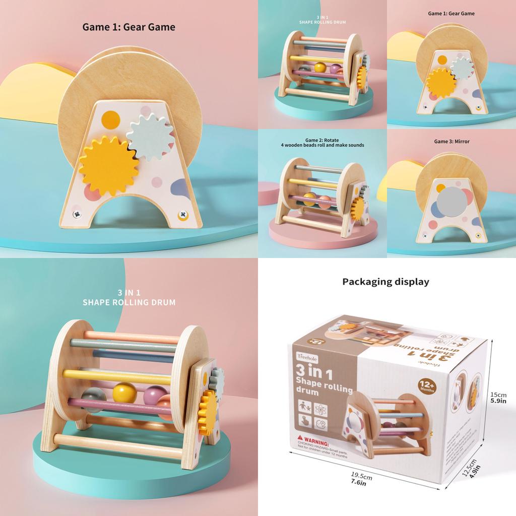 Wooden Montessori Threeinone Desktop Rattling Drum For Toddlers Educational Toy