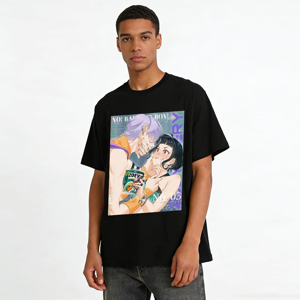 Anime Couple Interaction Print T-shirt Trendy Street Style Loose Breathable Unisex Top Pure Cotton T-shirt