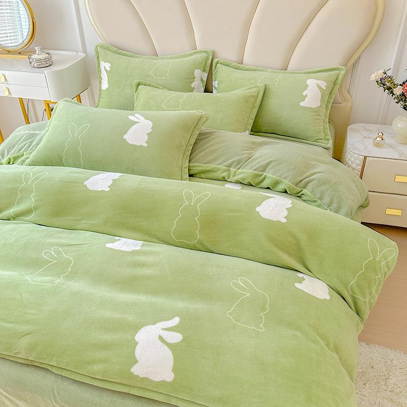 Thickened Milk Fleece Printing Four-Piece Set, Fleece Warm Coral Fleece Skin-Friendly Student Dormitory
