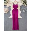 Bohemia Seaside Holiday Hollow Backless Spaghetti Straps Knitted Dress Women's High Waist Slim Looking Travel Beach Long Dress