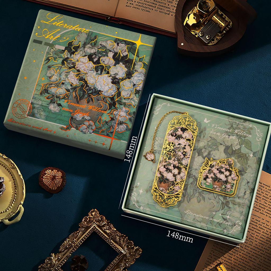 Ensemble de Marque-pages en Métal Élégant: Boîte cadeau de Nouvel An pour étudiants inspirée de la peinture à l'huile.