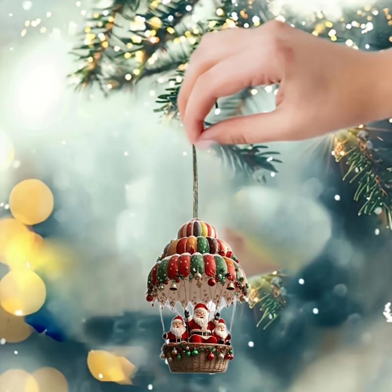 2D Flat Christmas Wooden Hot Air Balloon Santa Claus Wooden Pendant Christmas Tree Decoration Perfect Holiday Gift Decor