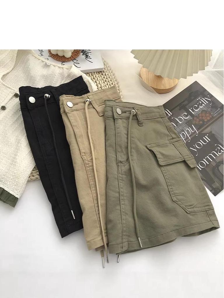 2024 Summer Korean Style Women's Retro High-Waisted Denim Mini Skirt with Side Drawstring Ties