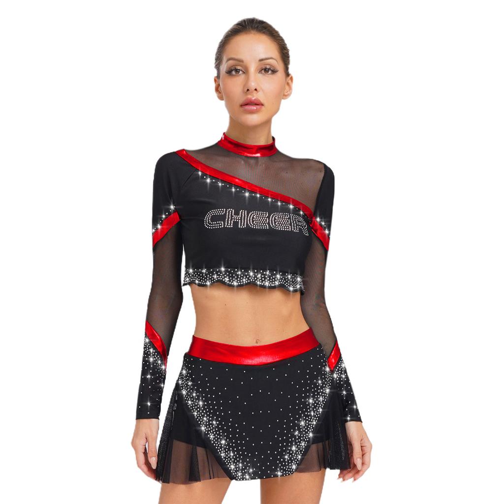 Womens Cheerleading Costume Set Long Sleeve Rhinestone Crop Top Matching Dance Skirt Performance Outfit