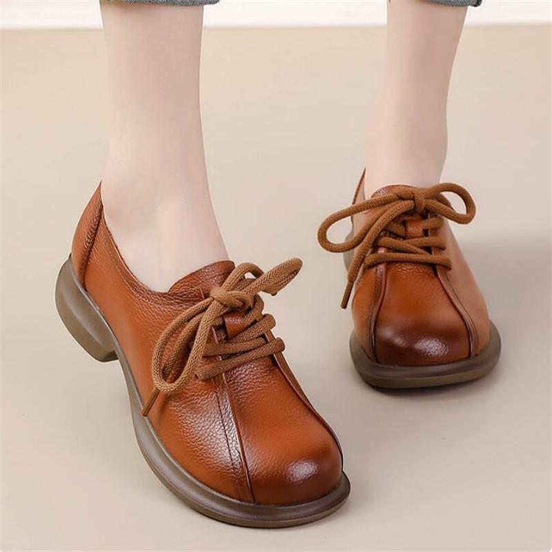 

Женская обувь из коровьей кожи на среднем каблуке с мягкой подошвой, весна-осень, на шнуровке, женские туфли-одинарки в стиле ретро из натуральной кожи, женская повседневная обувь на плоской подошве 41