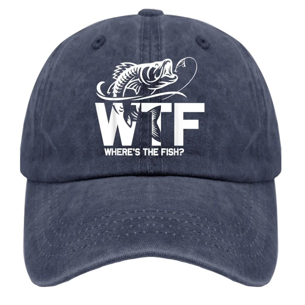 WTF Where's The Fish Hats for Man Fishing Here Fishy Fishy Hats for Men Baseball Funny Trucker Men Black Gym Caps Navy Blue