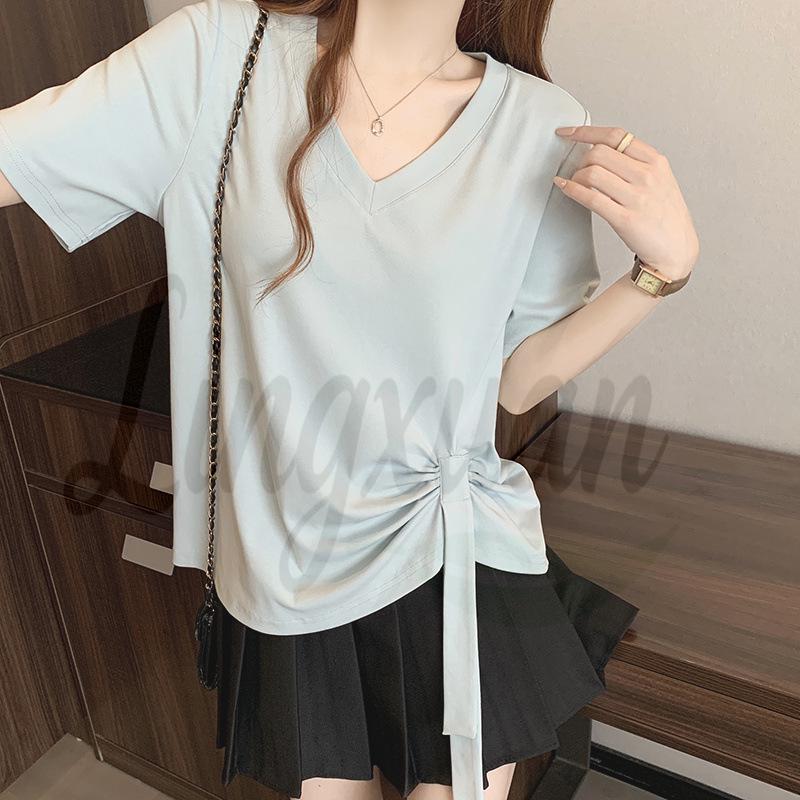

Plus Size Women s 2026 Summer Korean Asymmetrical Ribbon Short Sleeve T-shirt Top 3XL синій