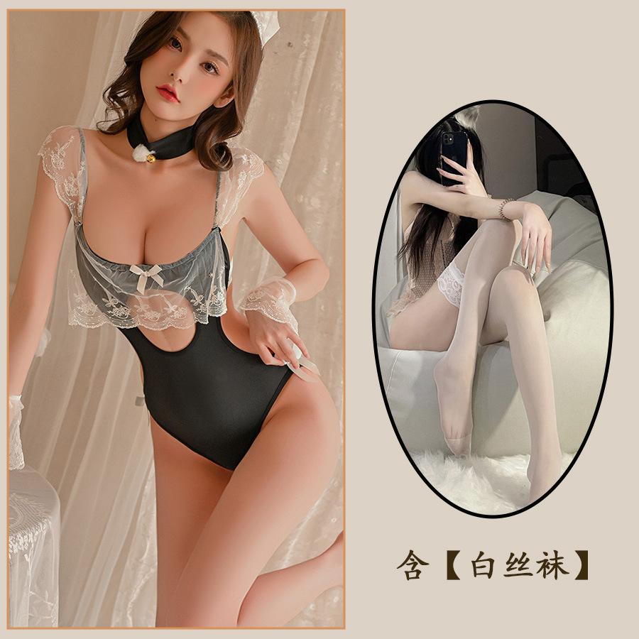 Sexy Lingerie Lace Lotus Leaf Pure Lust Maid Cute Onesie Maid Crotch Passion Uniform Tights
