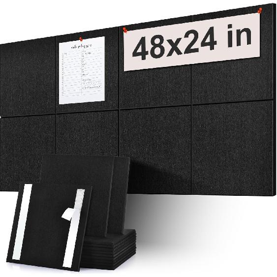 Large Cork Board Subsitute - 24"x24" Bulletin Board - 4 Pack Black Felt Board for Home&Office Wall Decor with Noise Reduction