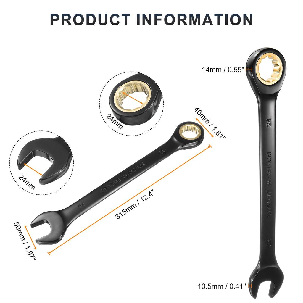 Uxcell Ratchet Wrench 24mm Metric Open End Wrench 72 Teeth CR-V Steel 12-Point Nickel Plated Combination Ratchet Wrench Fastener Nut Bolt