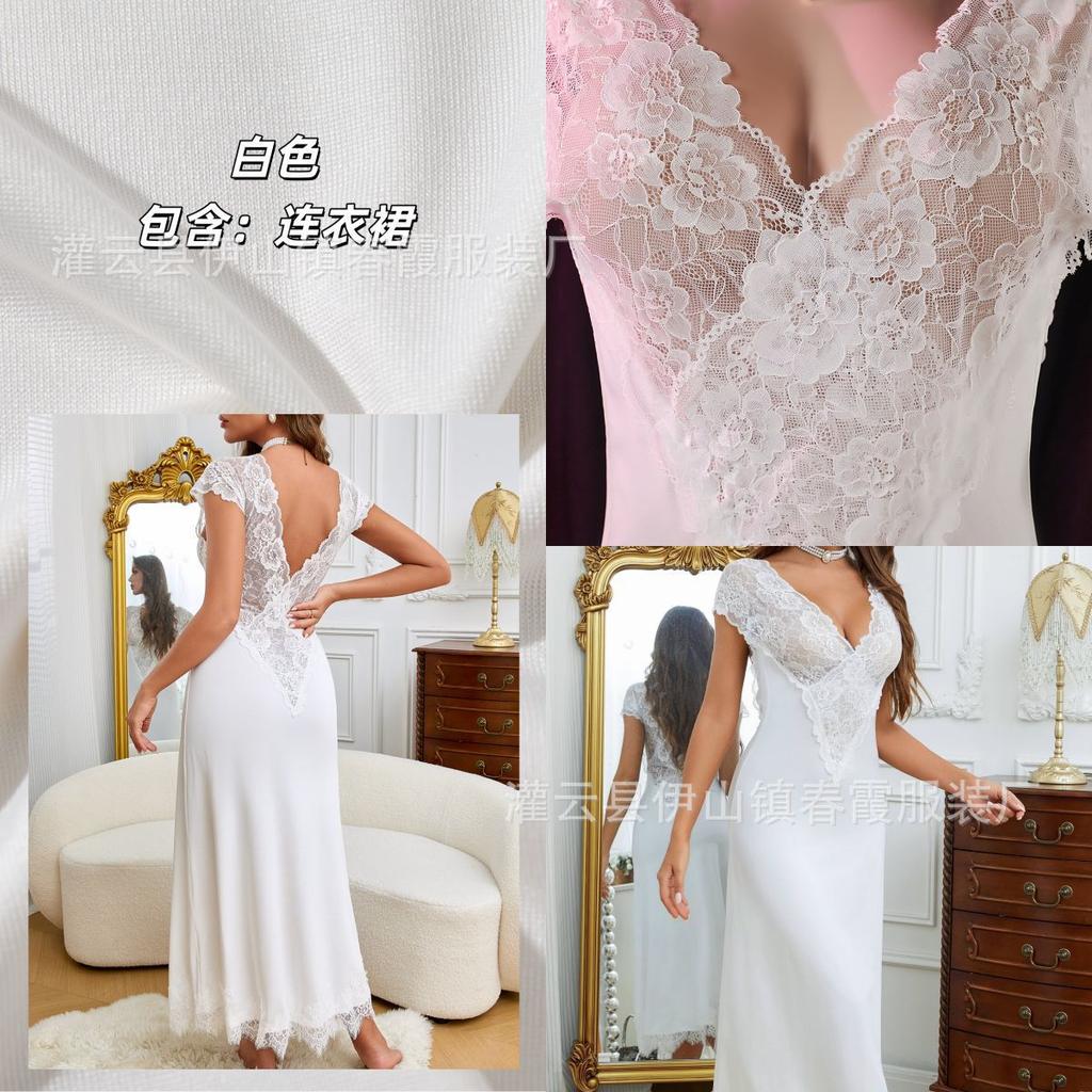 Reiner Verlangen Stil Langes Nachthemd Damen Sexy V-Ausschnitt Spitze Kurzarm Geschlitzt Pyjama Loungewear