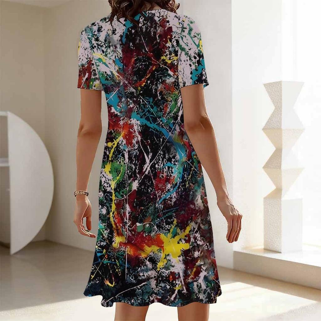 Ladies Plus Size Short Sleeve Crew Neck Dress Soft Floral Art Print Loose Gown For Summer Daily Commute
