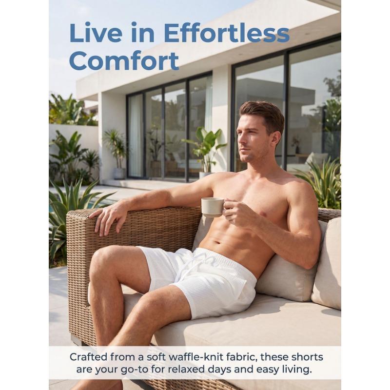 Mens Solid Color Waffle Drawstring Pockets Casual Straight Summer Shorts