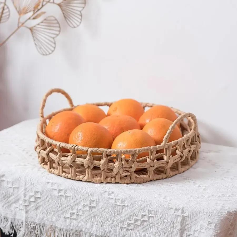 Fruit Basket Hand-woven Retro Decoration Tray Wicker Round Tray Ornaments Restaurant Bakery Storage Desktop Storage Organizer