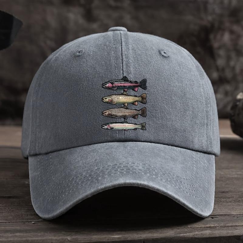 A Stylish And Versatile Baseball Cap Featuring an Interesting Print of Four Fish Perfect for UnisexS Outdoor Wear