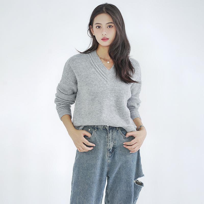Women's Fluffy Grey Sweetheart Neck Sweater Jacket - Loose Fit Autumn/Winter Outerwear