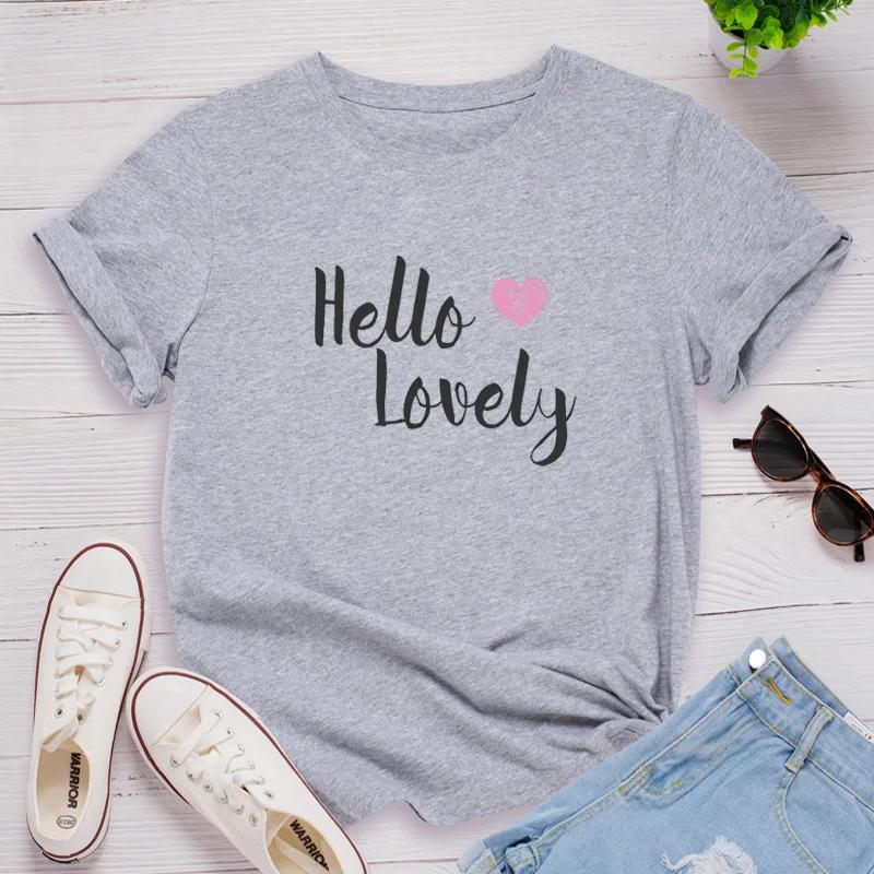 

Hello Lovely Heart Print Женская футболка с коротким рукавом и круглым вырезом Свободная женская футболка Женская футболка Топы Одежда Camisetas Mujer XXXL светло-серый