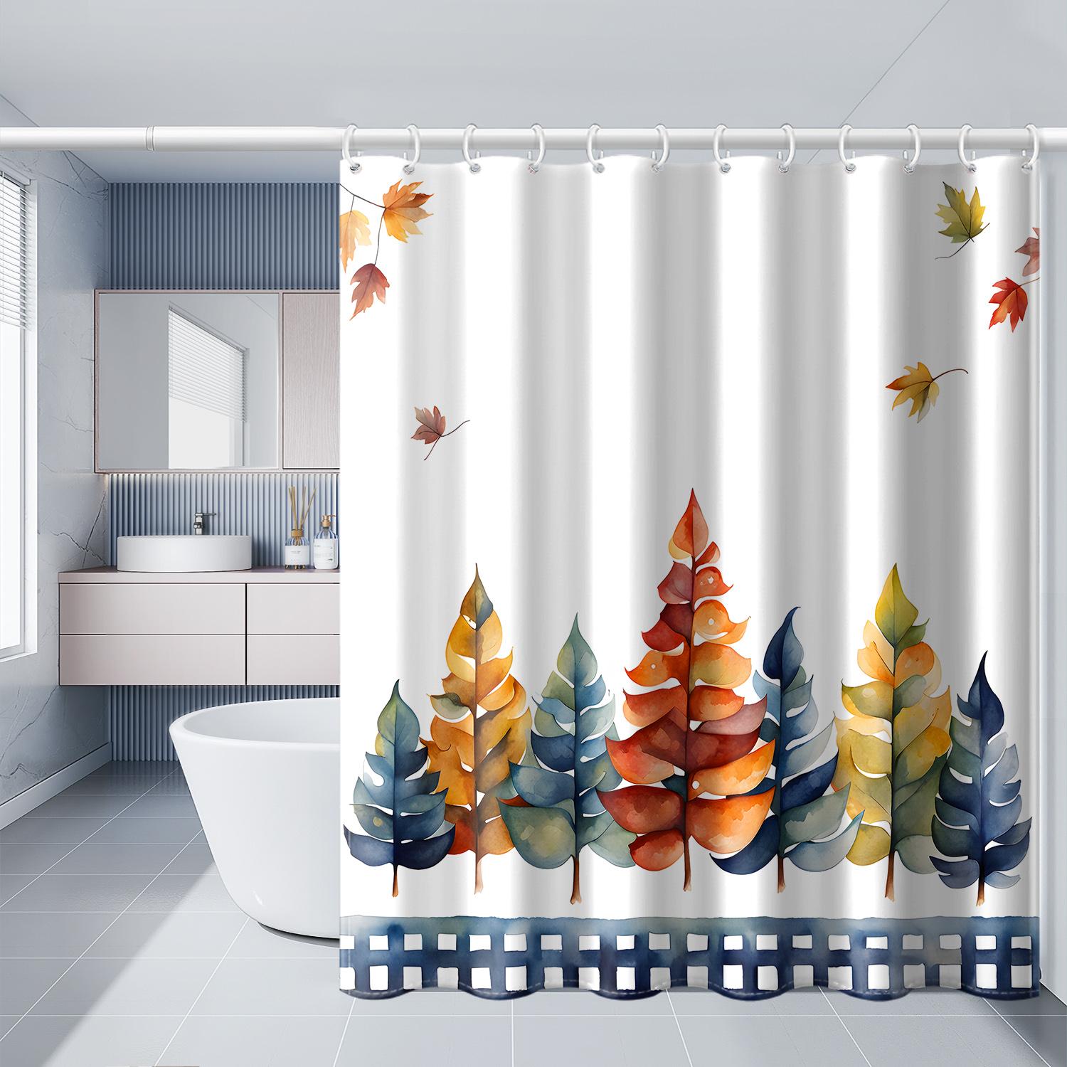 

1 Piece Of Red And Blue Tree Printed Plastic Hook Shower Curtain, Autumn Bathroom Partition Curtain W60H190(CM)-1 Pcs