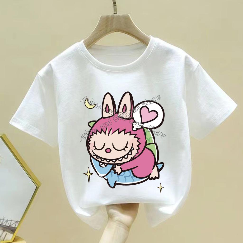 Fashion Labubu White Children's T-shirt Cute Cartoon Girl Round Neck Short Sleeved Clothes New Comfortable Loose Children's Top