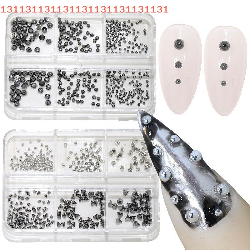 6 Grids Punk Nail Rivets Silver Gold Black Mixed Size Metal Bead Studs Round Cone Nail Art Charms Nail Parts DIY Decoration