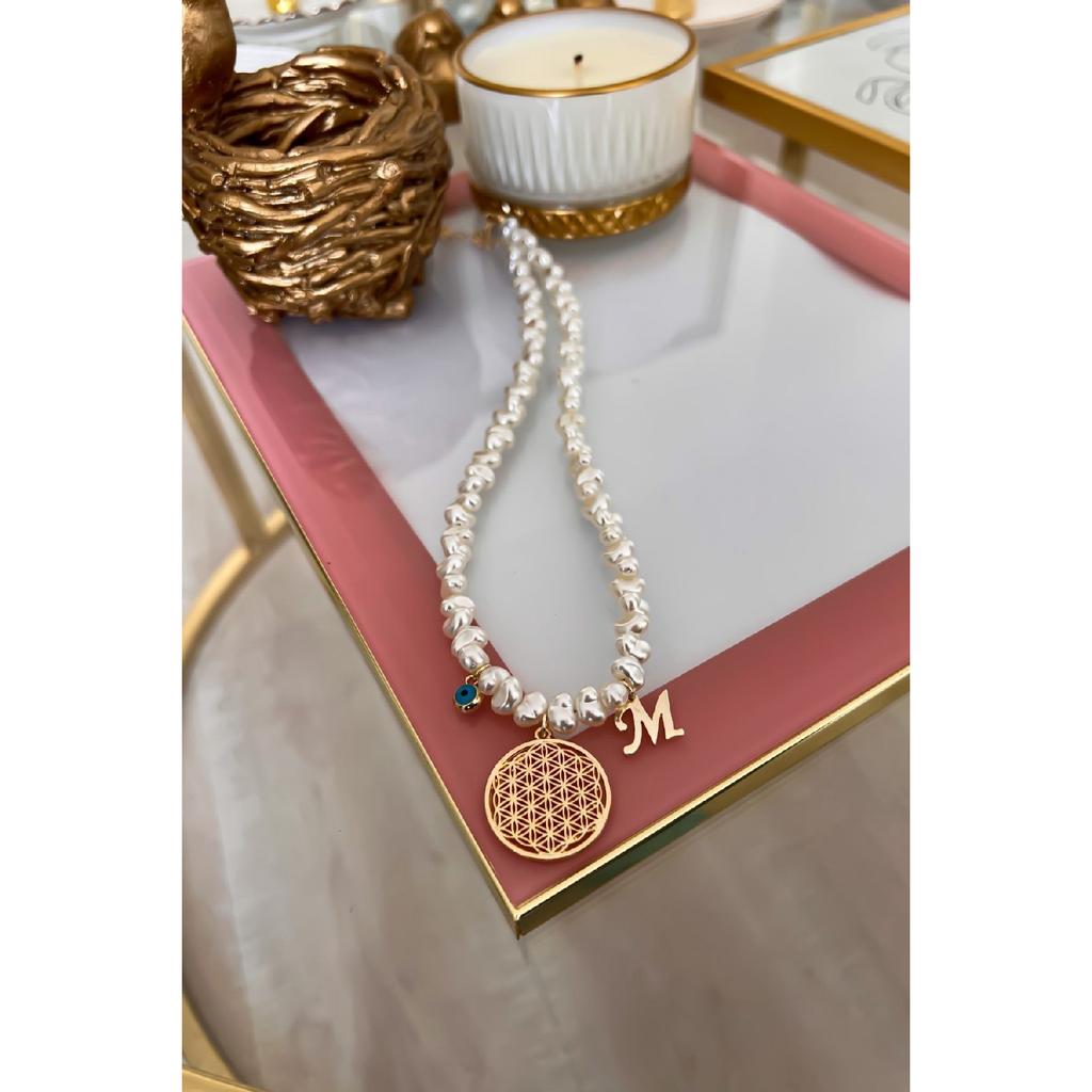 Personalized Pearl Row Flower Of Life Necklace With M Letter And Evil Eye Pendant