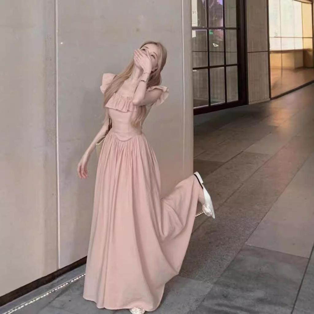 Lined Flutter Sleeve Ruffle Dress - Square Neck, Fitted Waist, Long French Style for Women, Perfect for Summer Elegance