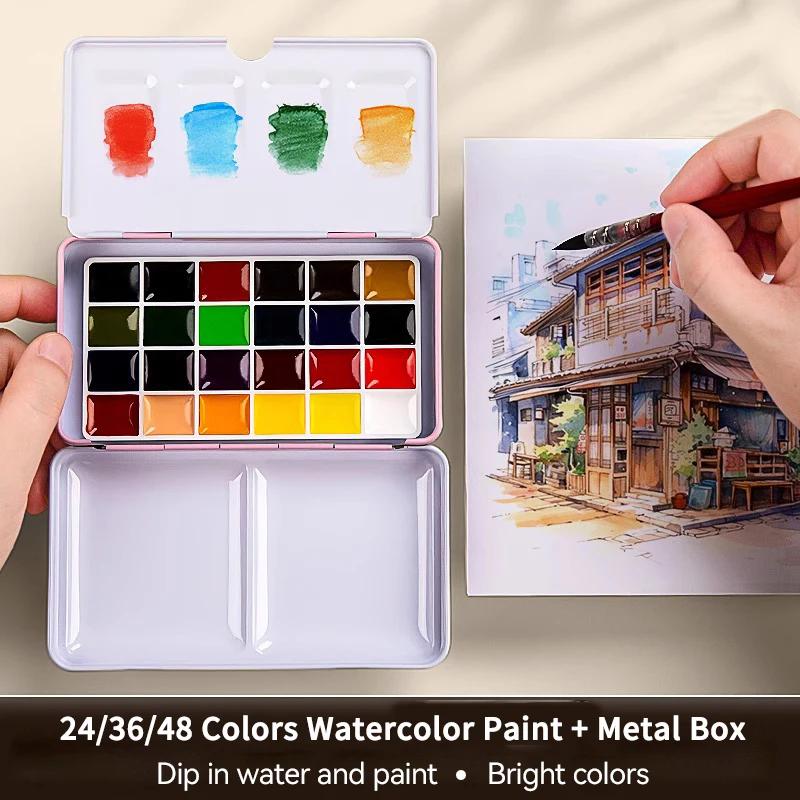 Portable Travel 24/36/48 Color Solid Watercolor Paint Metal Box Palette Schmincke Watercolor Painting Set Art Drawing Supplies