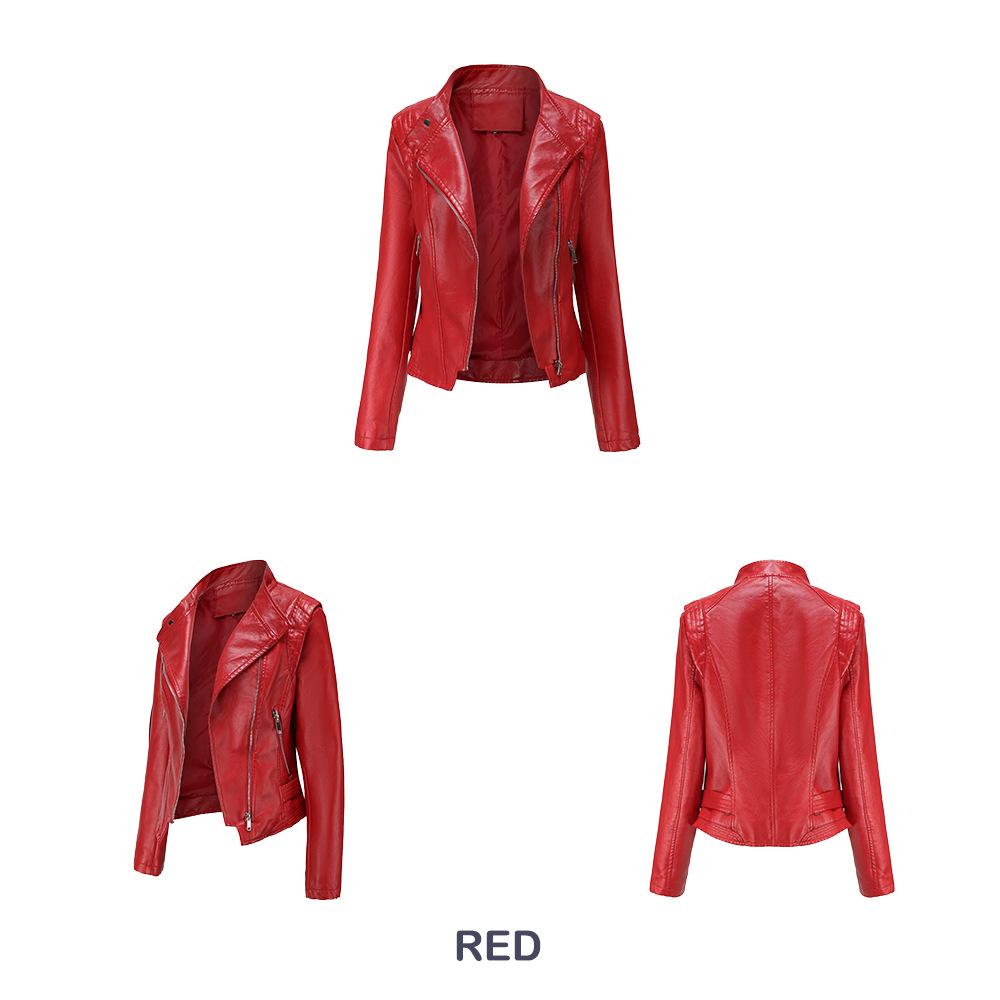 Women Lapel Collar Spring Autumn Solid Color Long Sleeve PU Leather Jacket S-3XL