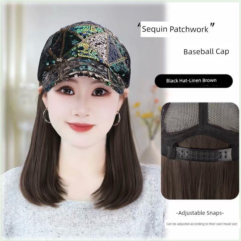 

Hat Wig Integrated Female Fashionable Sequins Peaked Cap Collarbone Length Haircut Cut Out Non-Stuffy Inner Buckle All-Matching Hat Wig Black cap (light brown wig) 30cm inner buckle