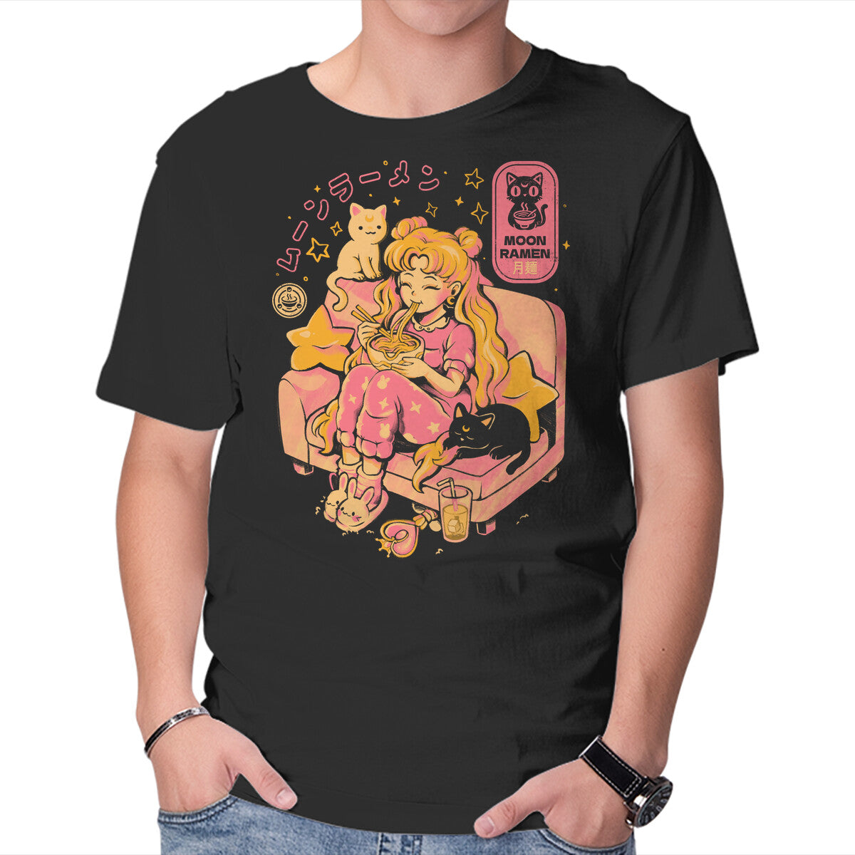 Unisex Crew Neck T-Shirt Moon Ramen Graphic Short Sleeve Casual Tee XXL