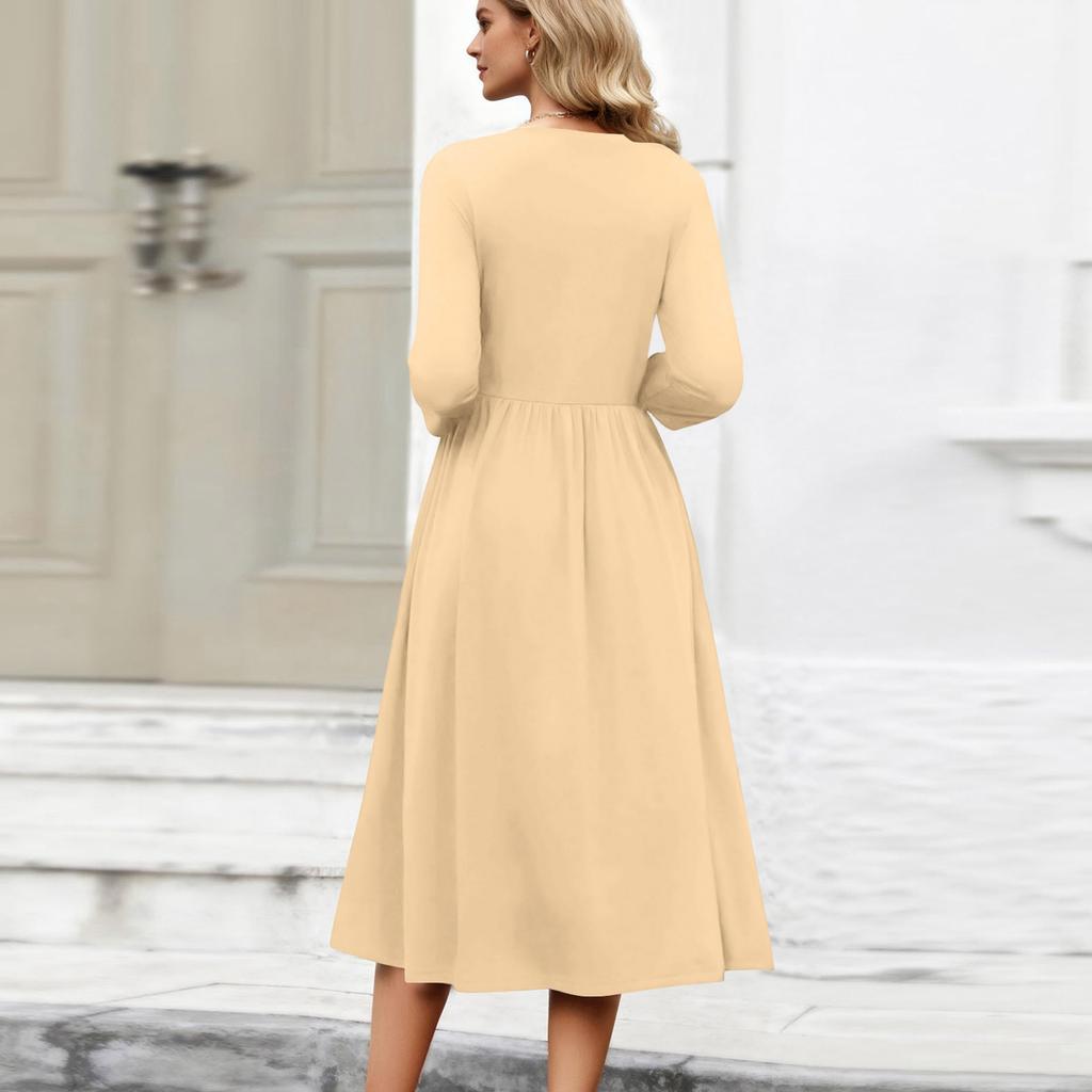 Damska Sukienka z Rękawem 3/4 Casual Zwiewna Linia A Midi Sukienki T-shirt z Kieszeniami Okrągły Dekolt Wakacyjna Boho Plażowa Sukienka Letnia