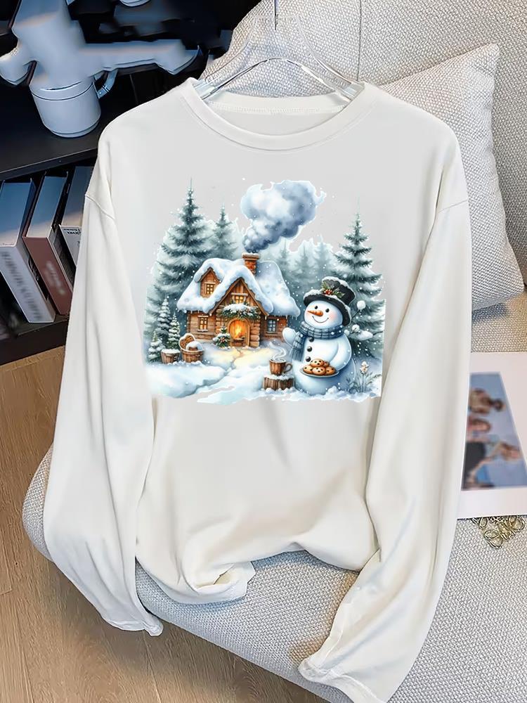 (Asian Size) Lovely Tree Print T Shirt Christmas New Year Graphic Tee Women Autumn Winter Casual Fashion Top Clothing Long Sleeve T-shirts