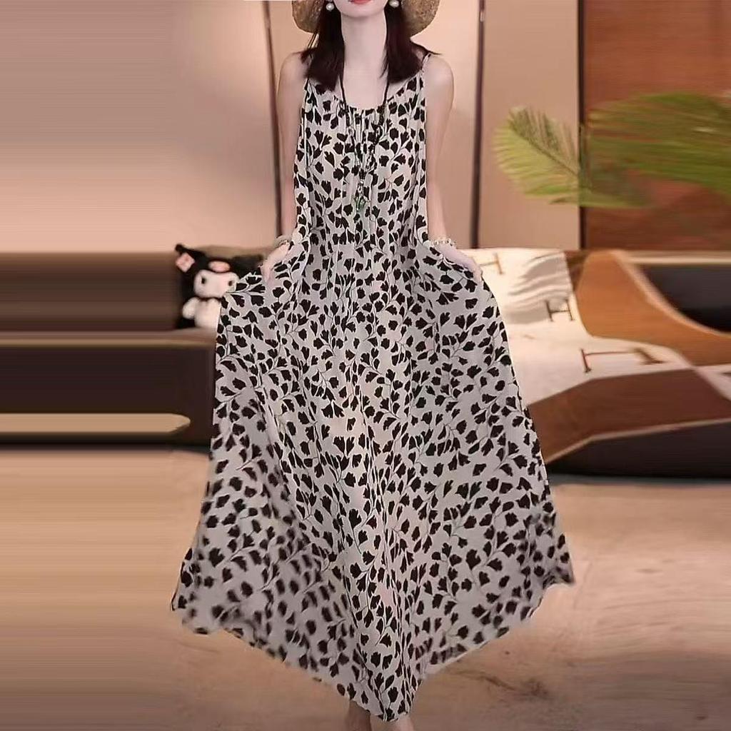 Off-Shoulder Floral A-Line Summer Dress - Women's Loose Waist, Cross-Border Style.