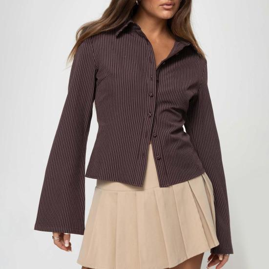 Women Shirt Lapel Long Sleeve Striped Print Shirt Buttons Placket Slim Fit Versatile Tops Daily Wear